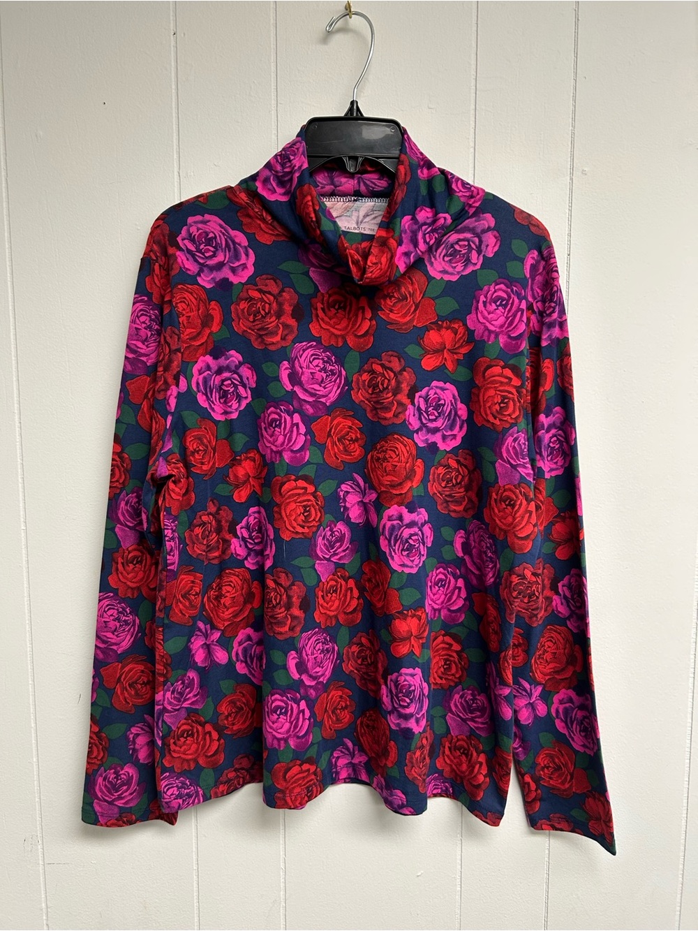 Talbots Floral Turtleneck Long Sleeve Top - Red & Magenta
